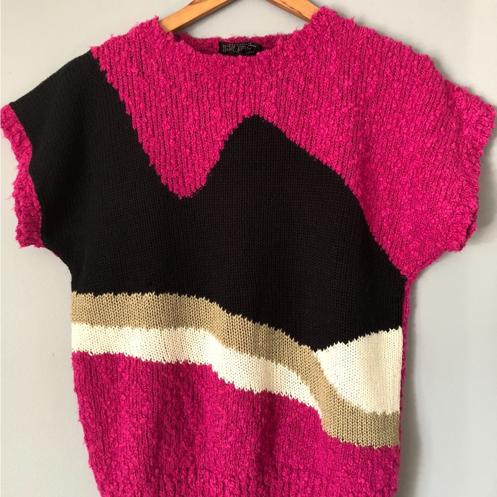 Vintage 80s L Hot Pink and Black Women's Sweater